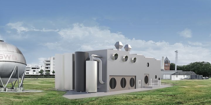 Visualization of the planned PowerLahn technical building with pipework and storage tanks beside the existing spherical gas holder.
